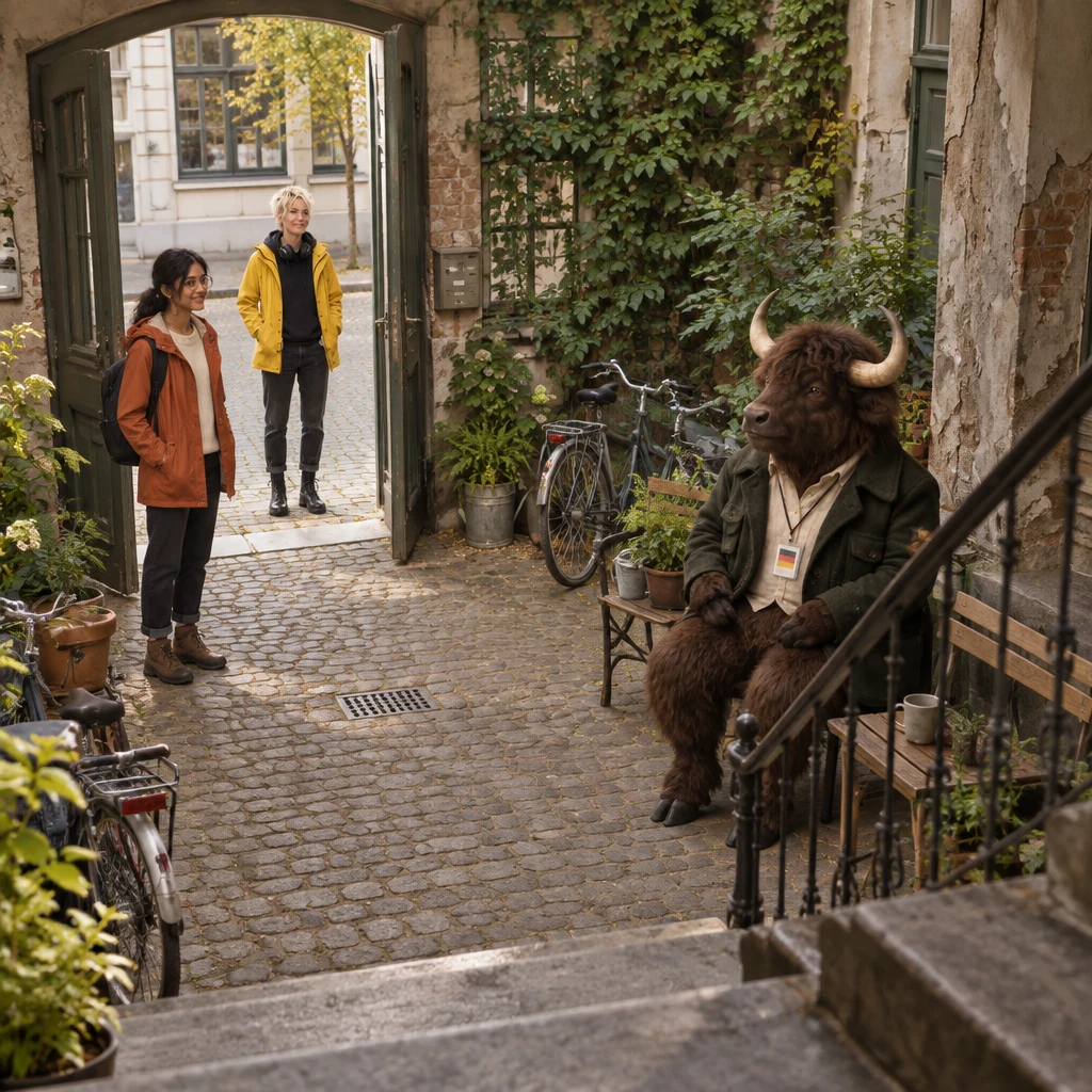 Priya stands in the gateway while Jule waits outside and Anton sits by the stairwell.