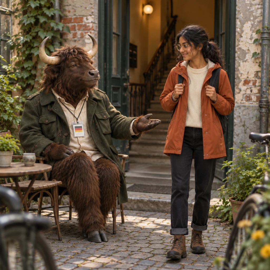 Anton welcomes Priya as she steps into the courtyard.