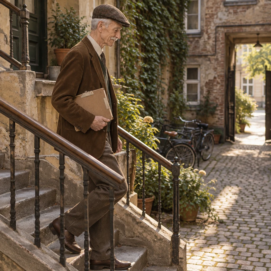 Herr Schulze comes down the worn stairs into the courtyard.