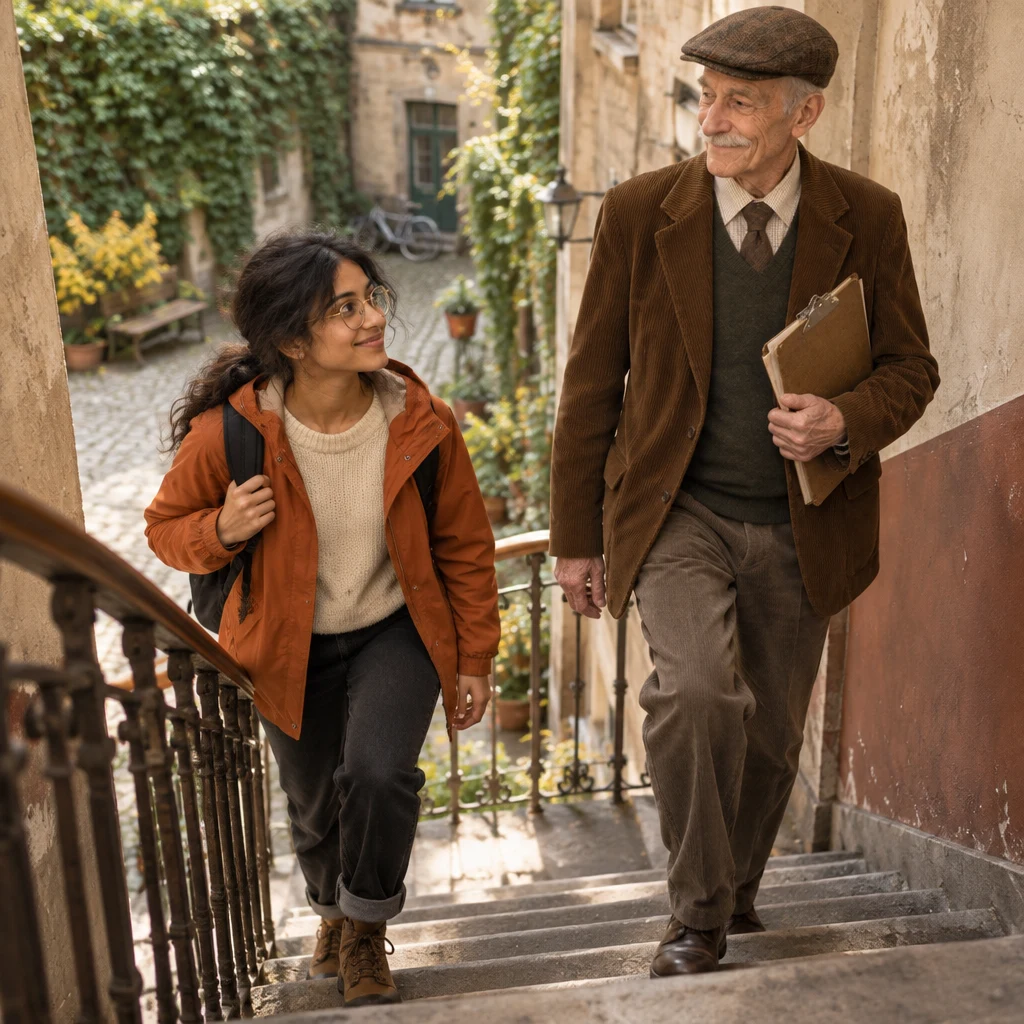 Priya goes up the stairs as Herr Schulze comes down, and they pass each other.