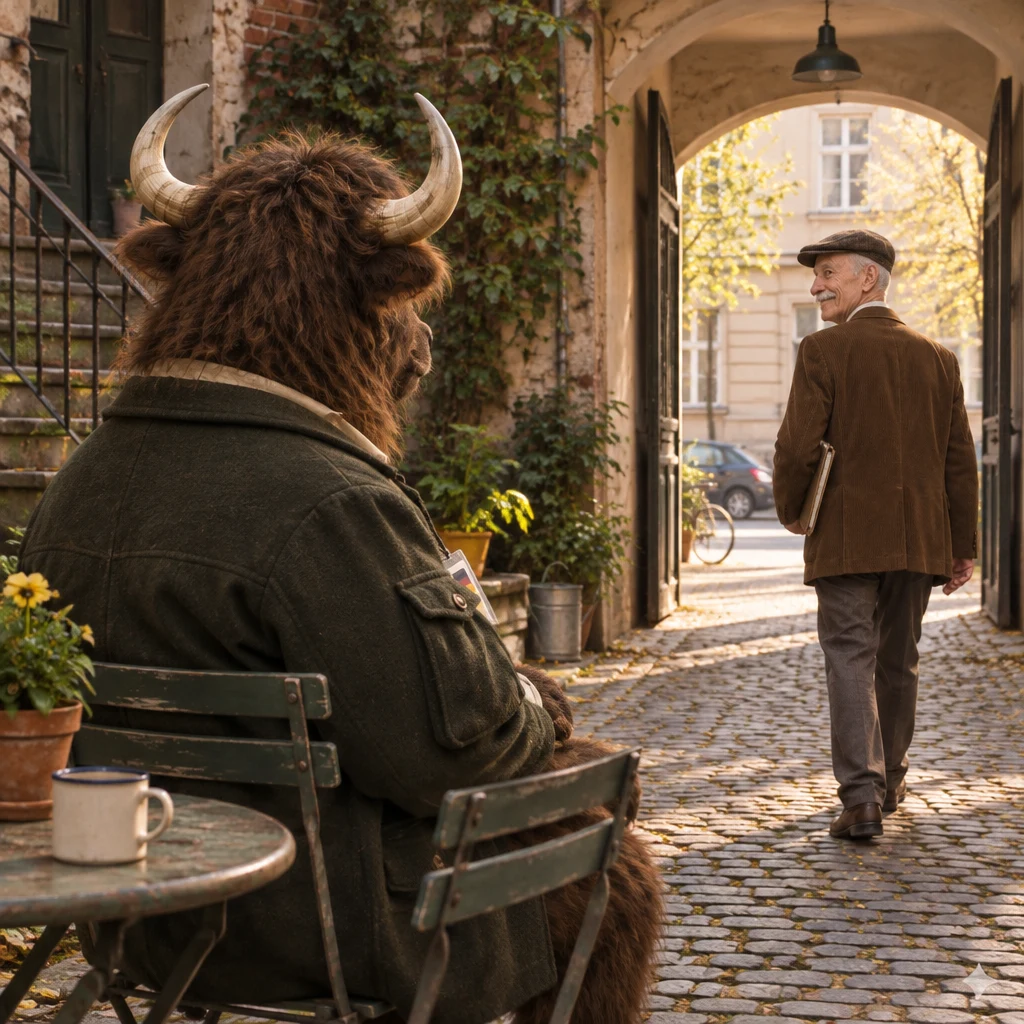 Herr Schulze walks out through the courtyard arch as Anton watches.