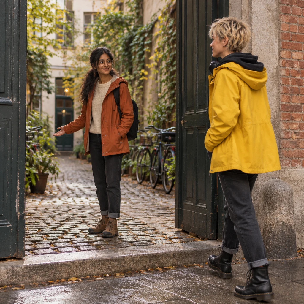 Priya beckons Jule in from the pavement outside the courtyard.