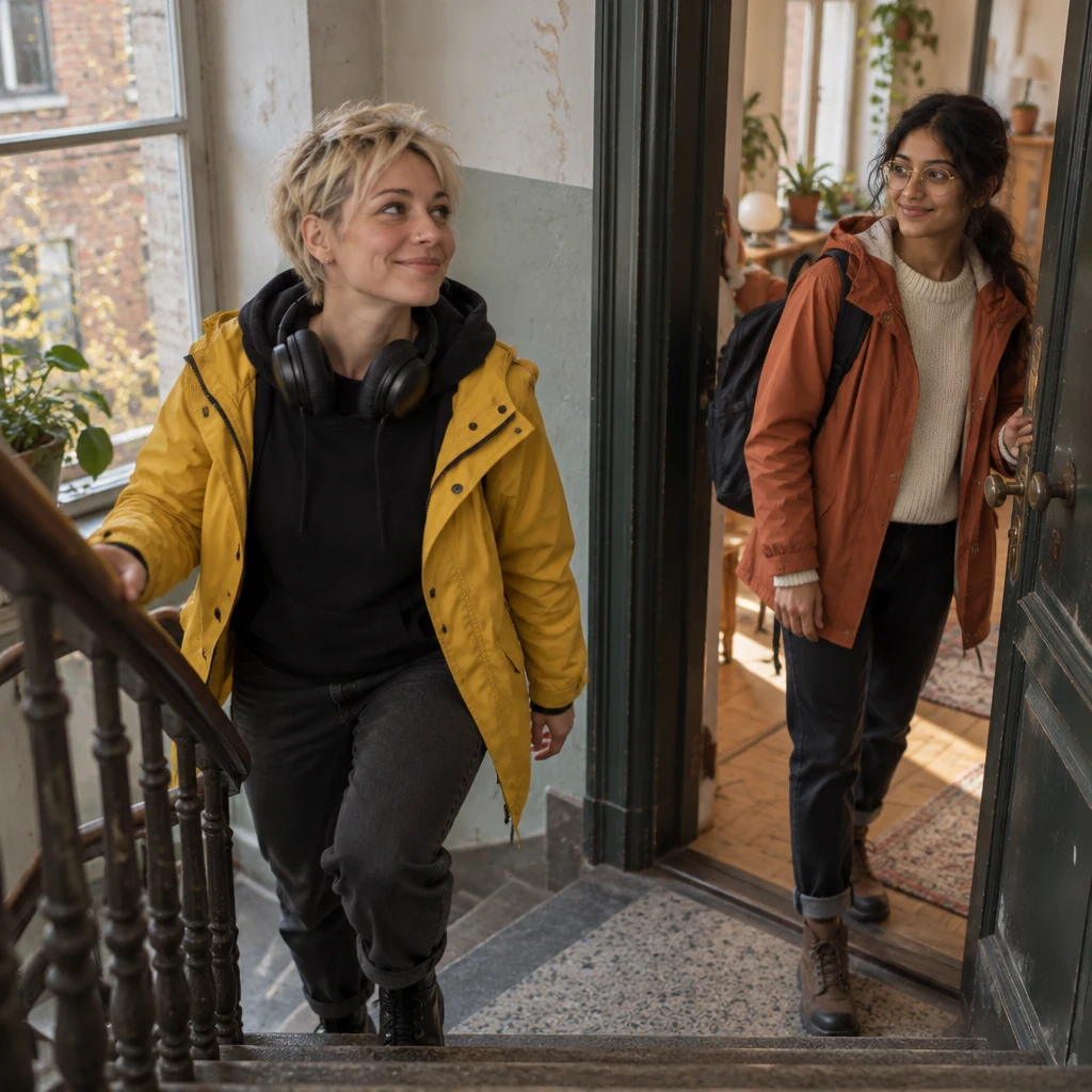 Jule climbs the Hinterhaus stairs as Priya holds the flat door open on the landing.