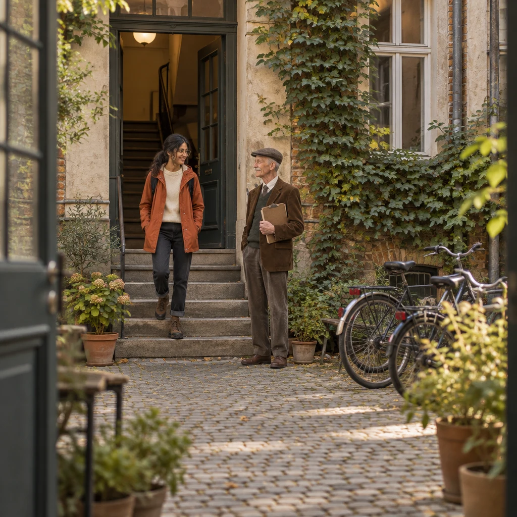 Priya comes down into the quiet courtyard as Herr Schulze waits by the stairwell with his clipboard.
