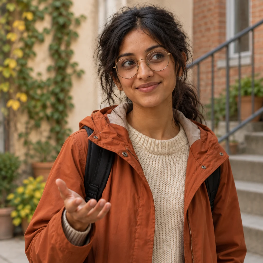 Priya turns toward the stairwell with a small questioning gesture about the rent including heating.