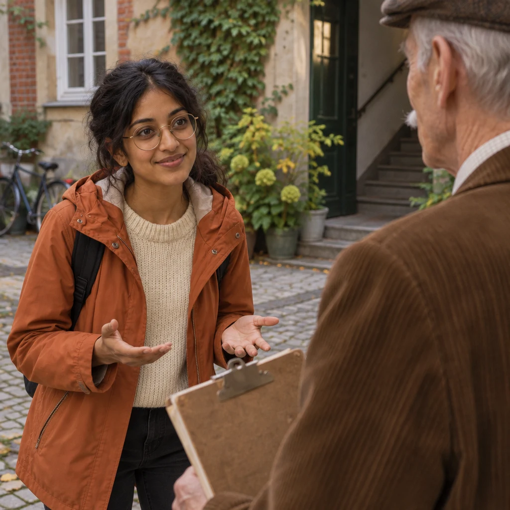 Priya leans slightly toward Herr Schulze as she asks how much the deposit is.