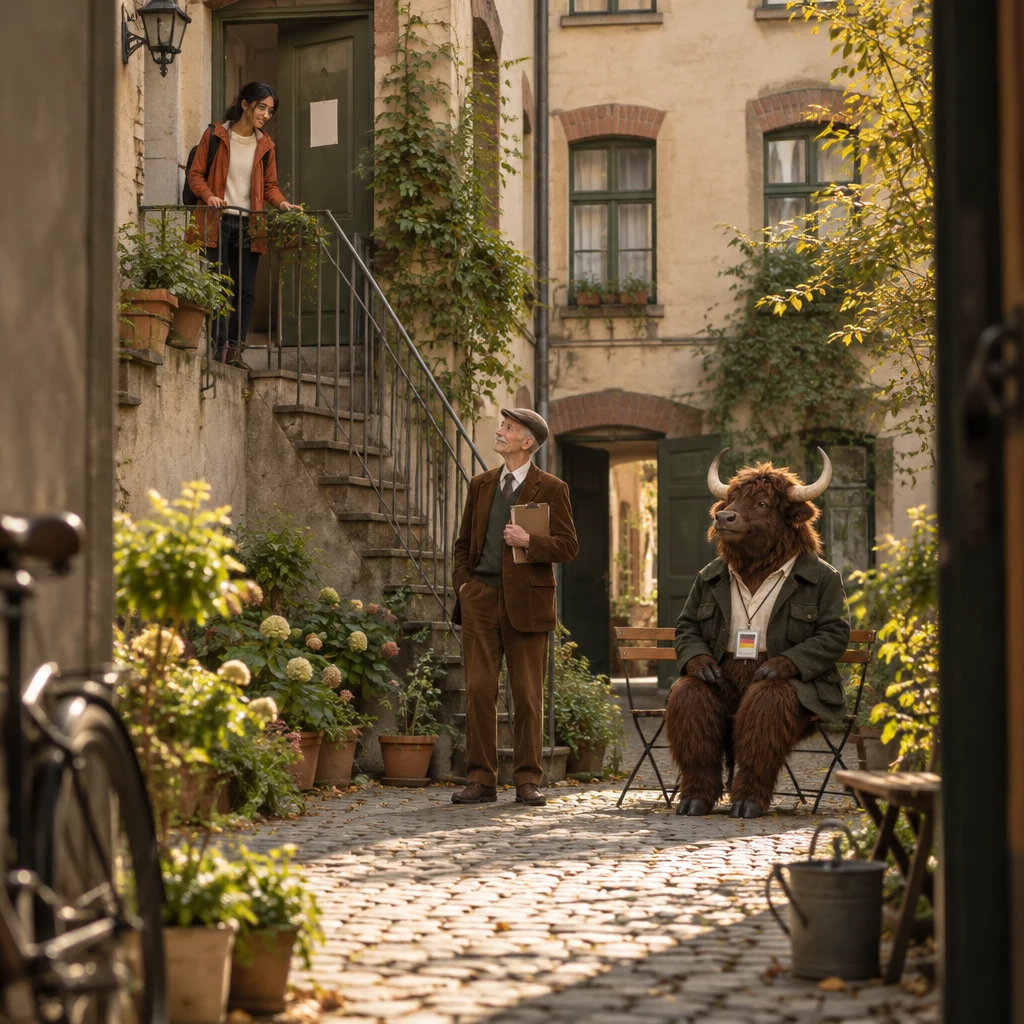 Priya notices the slip on her door while Herr Schulze waits in the courtyard with his clipboard.