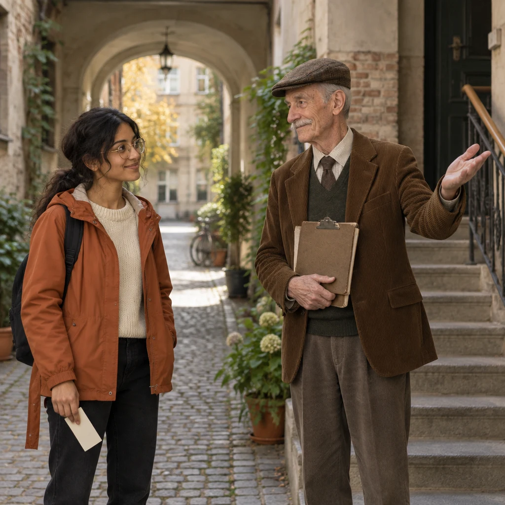 Priya approaches Herr Schulze, who gestures toward the neighbour's stairwell.