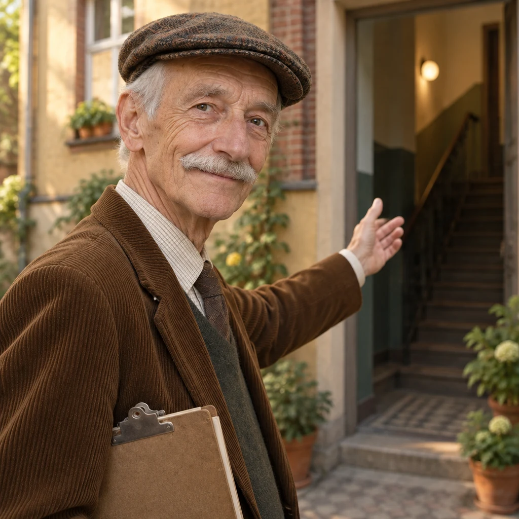 Herr Schulze turns toward the neighbour's stairwell as he gives Priya directions.