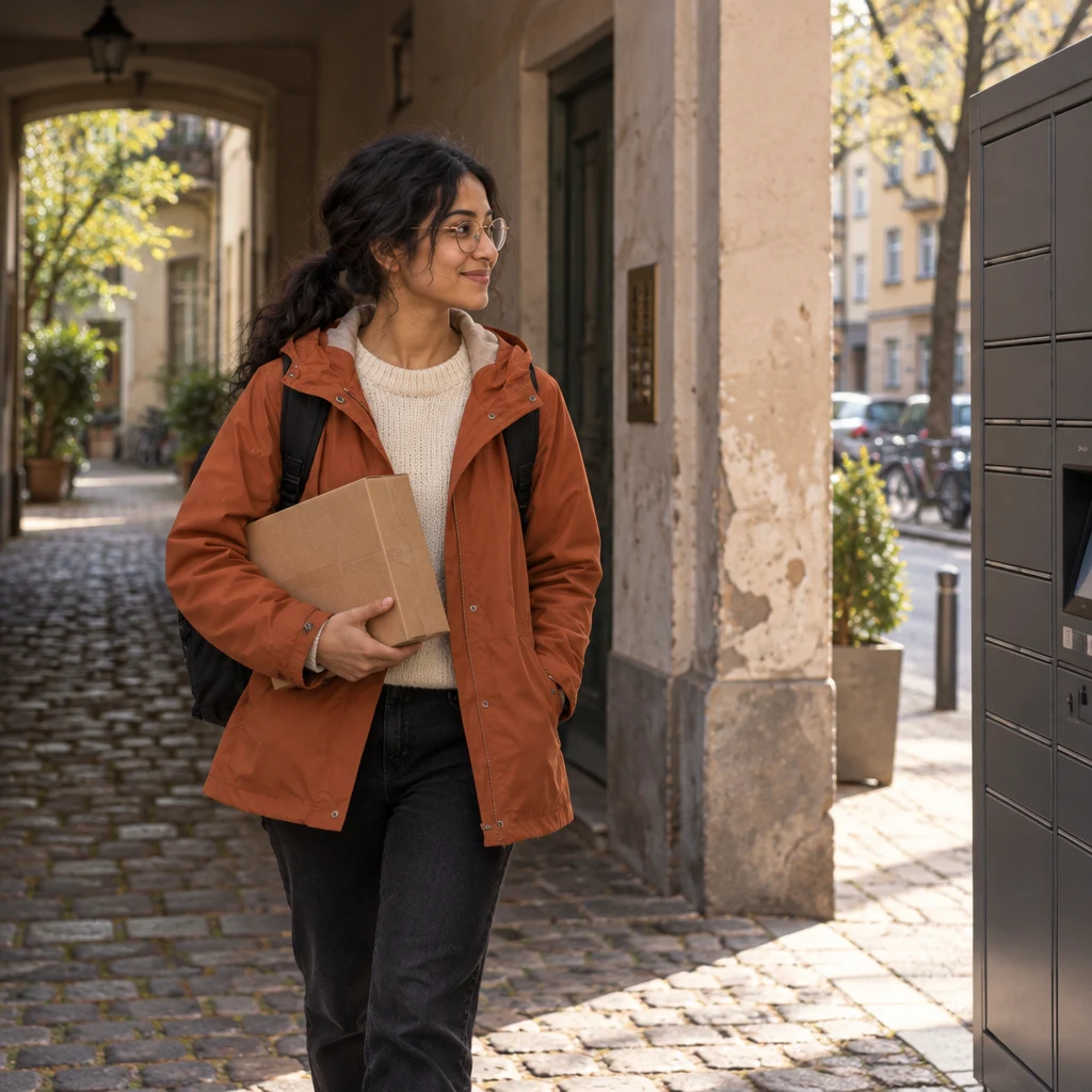 Priya walks through the courtyard arch toward the street after choosing the parcel locker.