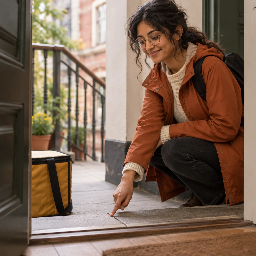 Priya points to the threshold where the food delivery should be left.