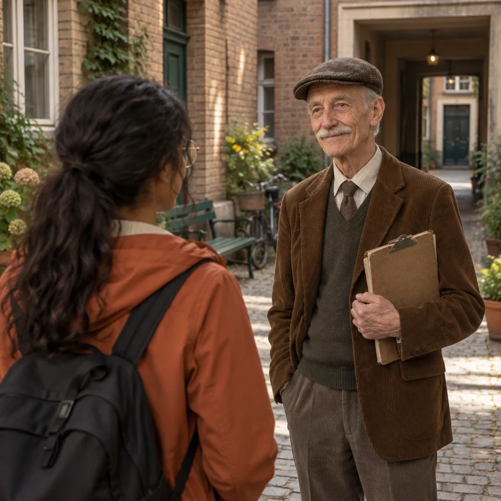 Priya faces Herr Schulze in the courtyard as he listens with his clipboard.