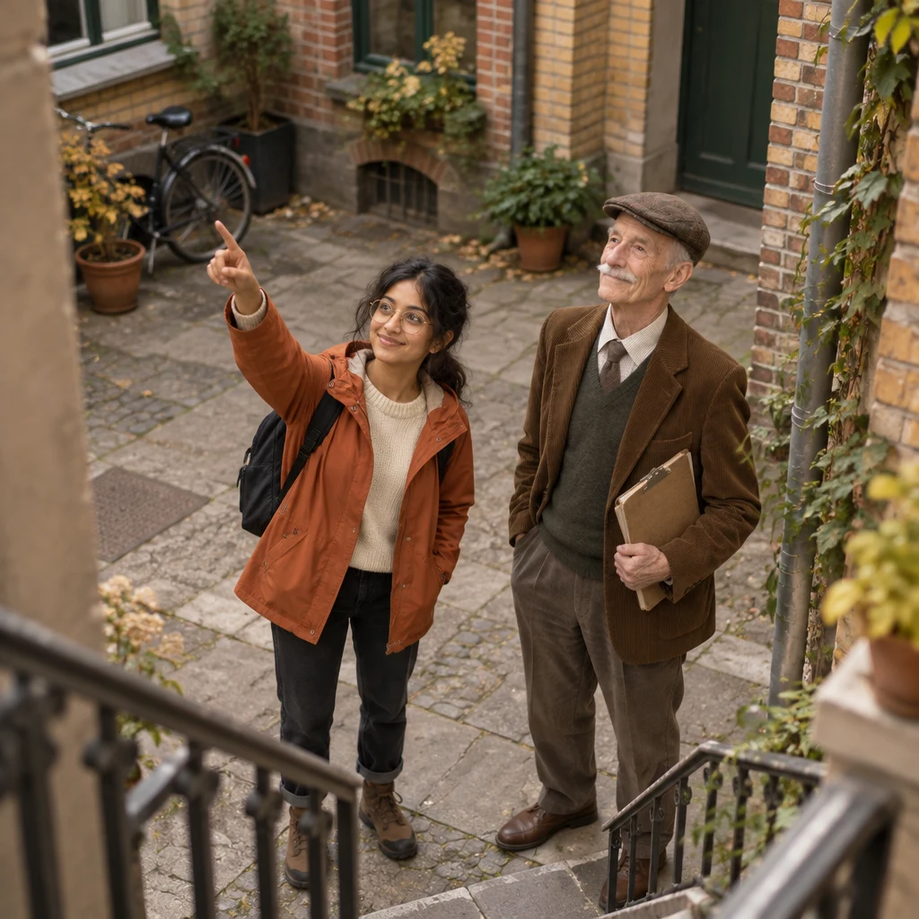 Priya points toward her kitchen windows while Herr Schulze stands beside her with his clipboard.