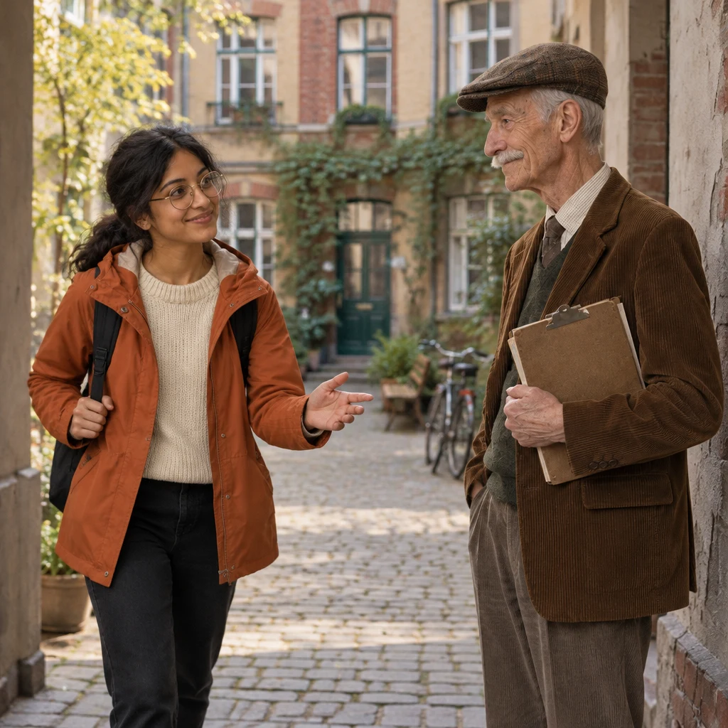 Priya walks quickly toward Herr Schulze in the courtyard with one hand extended in an urgent request.