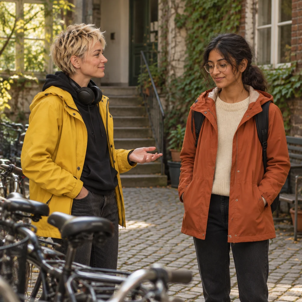 Jule and Priya pause beside the parked bicycles as Priya regrets not asking sooner.