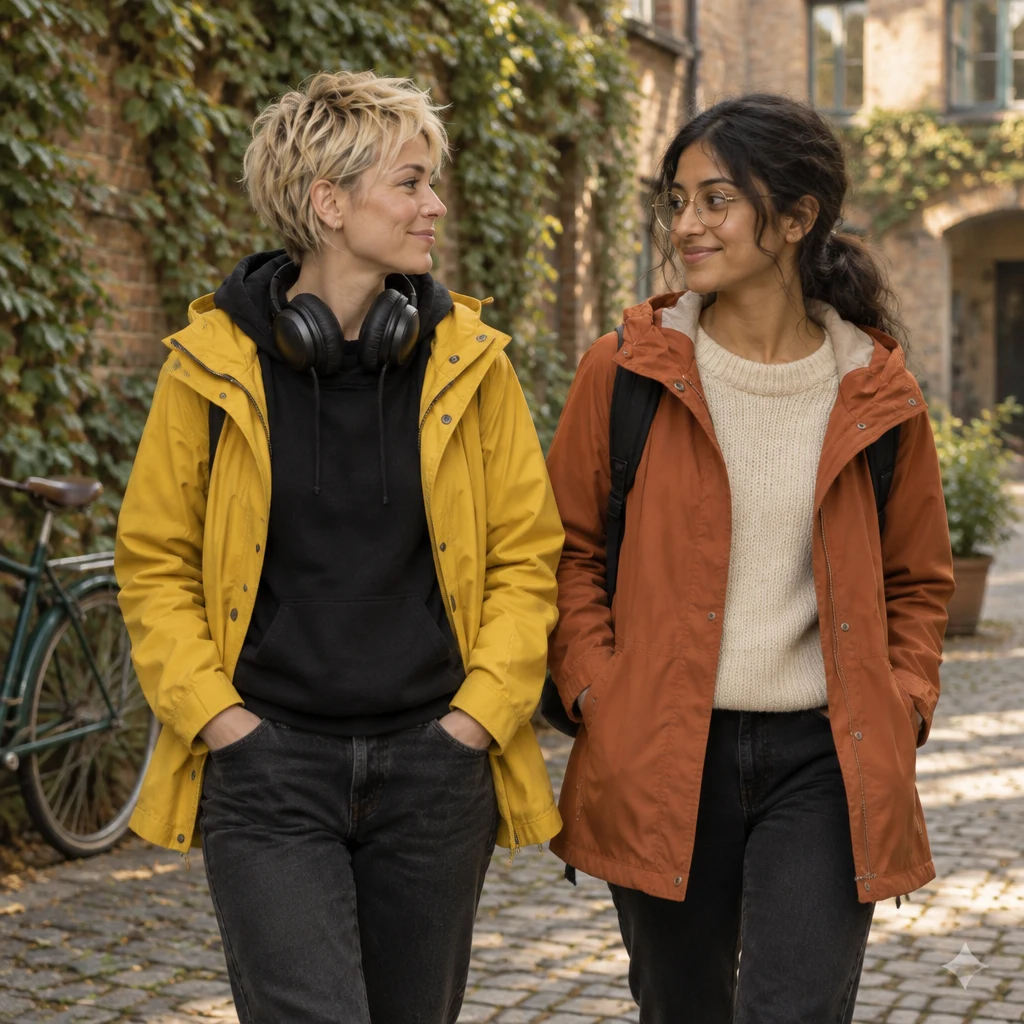 Jule and Priya walk past the ivy and the old bicycle without stopping, moving on from regret.