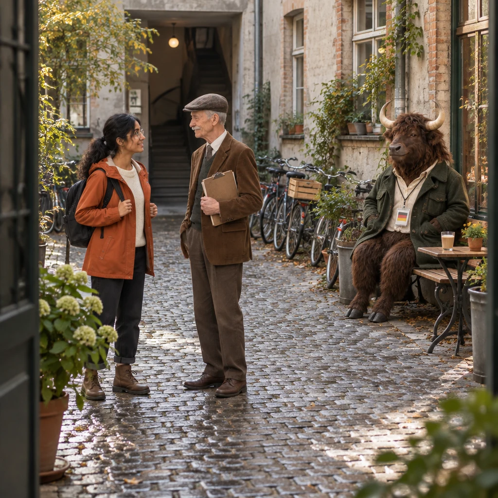 Priya stops Herr Schulze beside the parked bikes while Anton watches from the bakery bench across the wet courtyard.