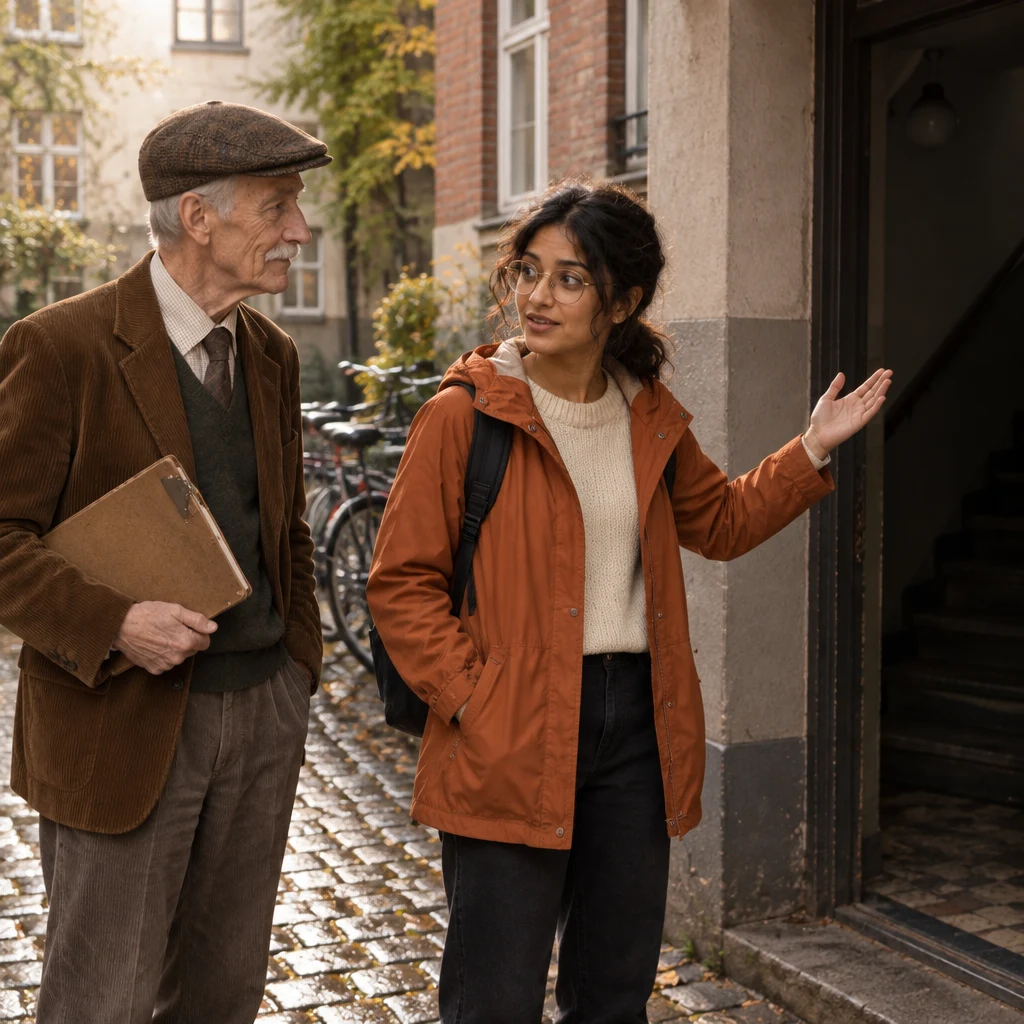 Priya stands beside the bikes and gestures toward the dark stairwell as Herr Schulze pauses to listen.