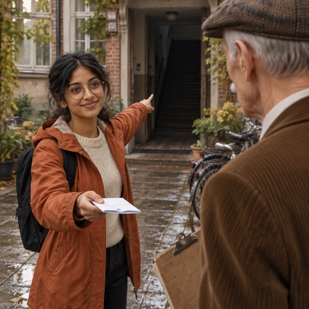 Priya holds out an unmarked folded paper as she reminds Herr Schulze that the lease assigns him the repair.