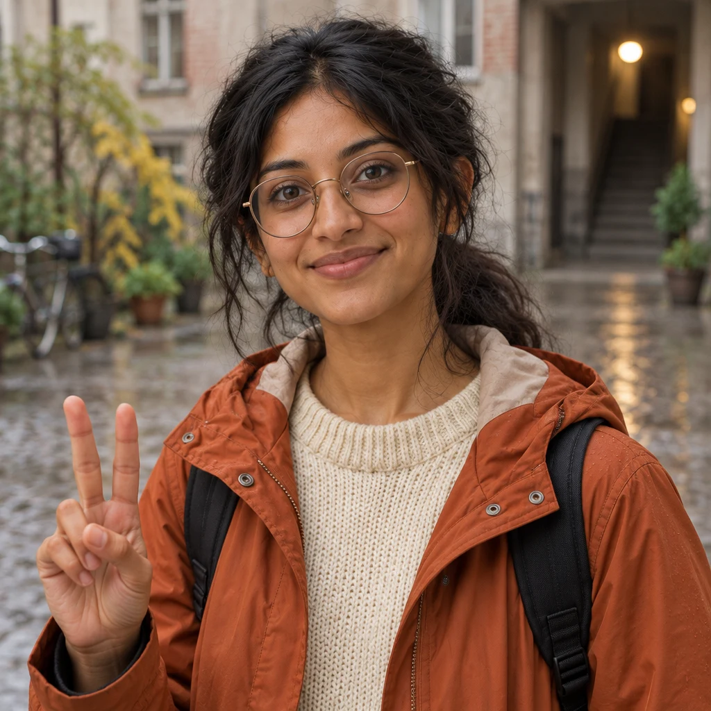 Priya calmly raises a pair of fingers to emphasize that she has already written to Herr Schulze twice.