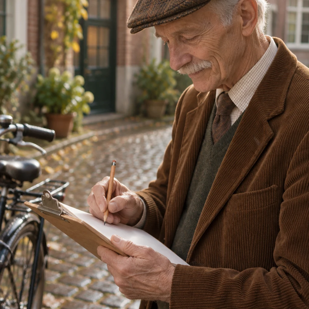 Herr Schulze makes a note on his clipboard after Priya insists that the repair should not be paid from her pocket.