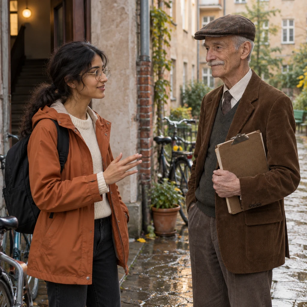 In profile beside the dark stairwell, Priya firmly asks Herr Schulze to have the repair handled this week.
