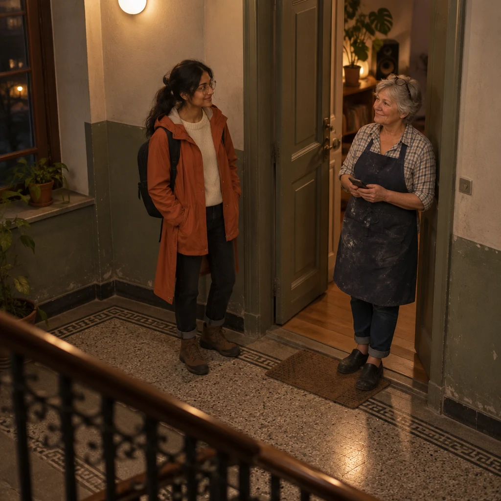 Priya stands on the dim landing as Renate opens the apartment door with a phone in hand.