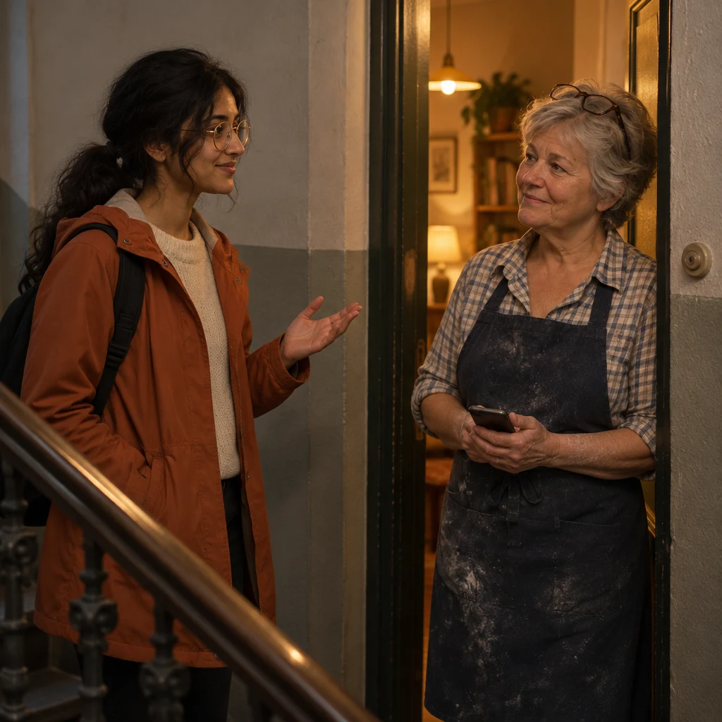 Priya gestures toward the apartment as she raises the problem of the recent night noise with Renate.