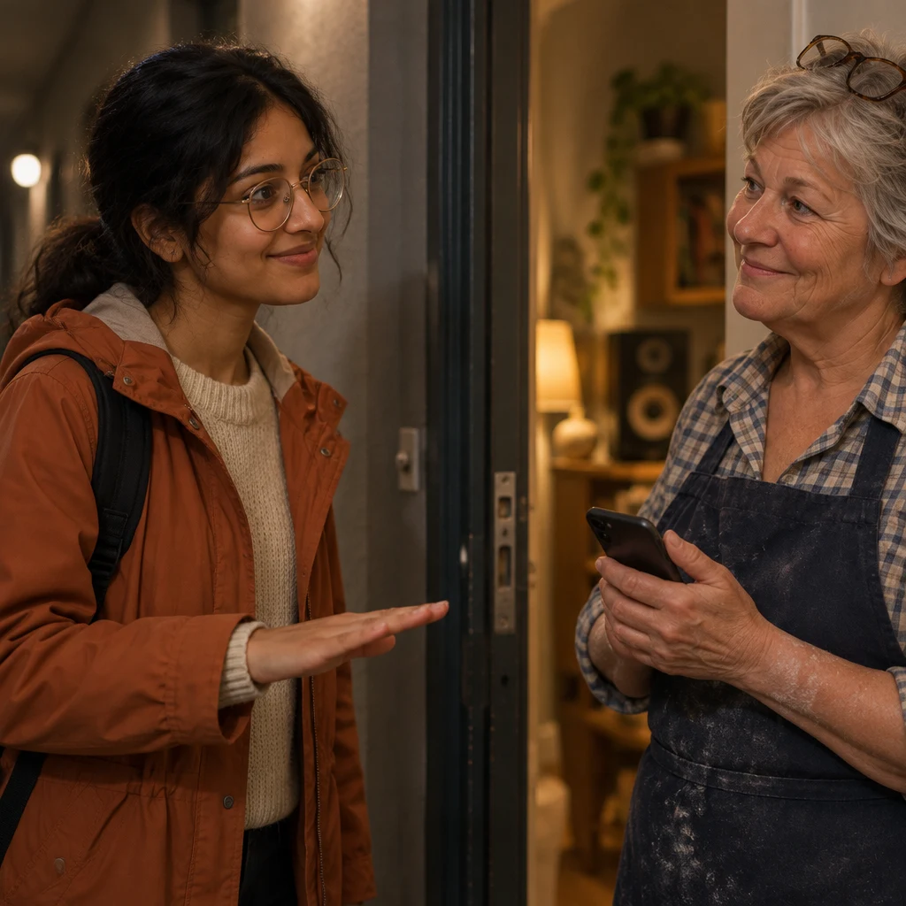 Priya makes a gentle palm-down gesture asking Renate to lower the music.
