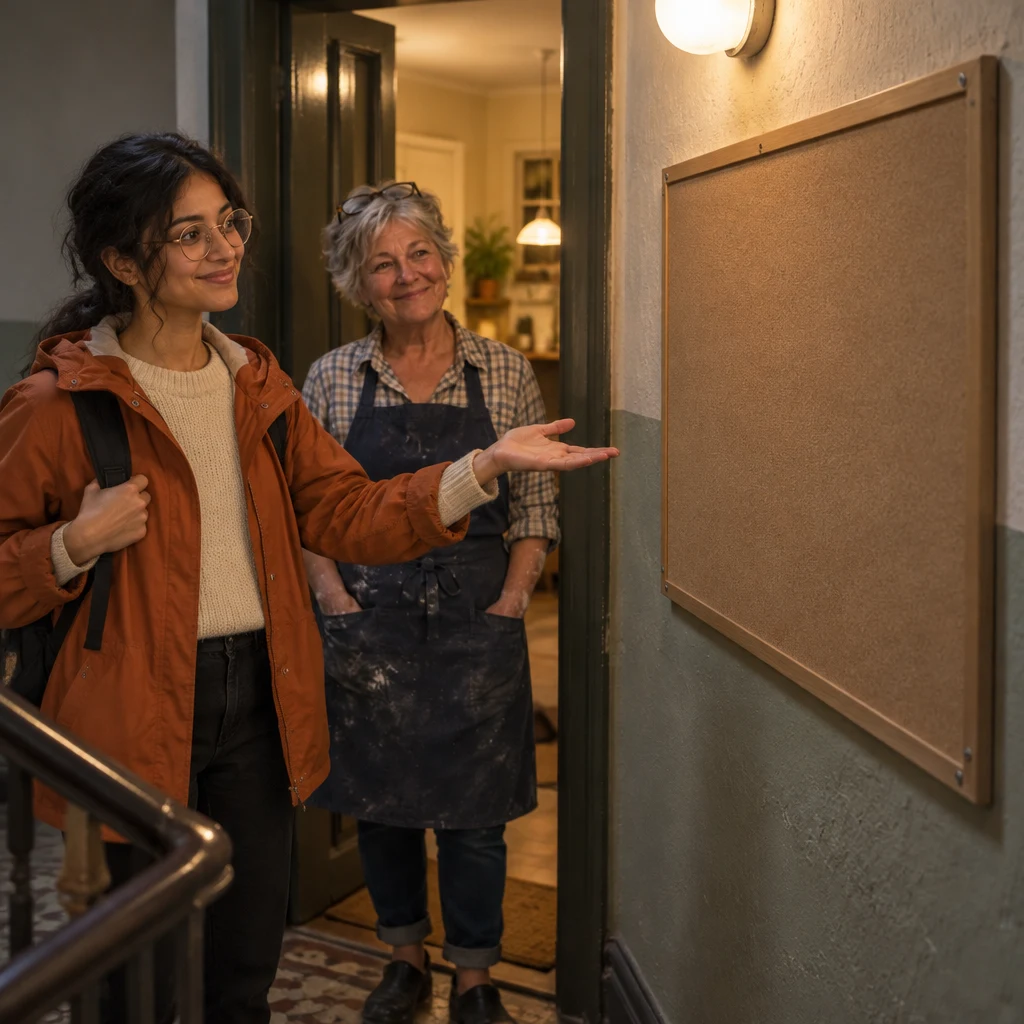Priya indicates the blank house-rules board while Renate watches from the doorway.