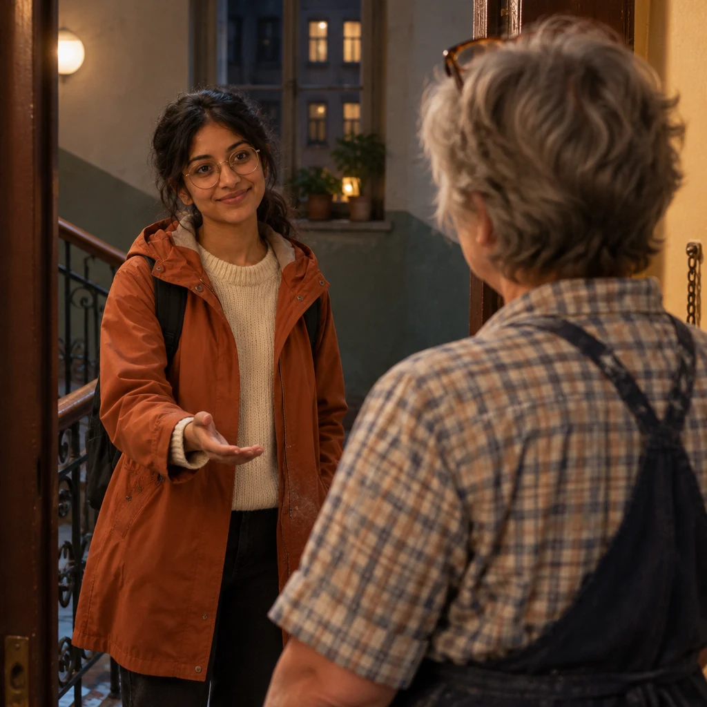 From behind Renate, Priya offers an open hand as she proposes finding a solution together.