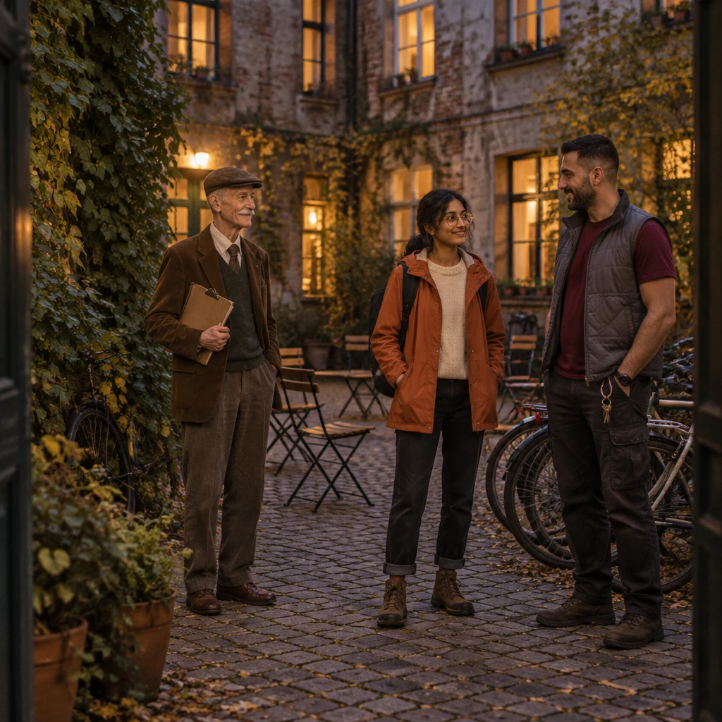 Herr Schulze waits with his clipboard as Priya and Deniz stand among the parked bikes in the cool courtyard.