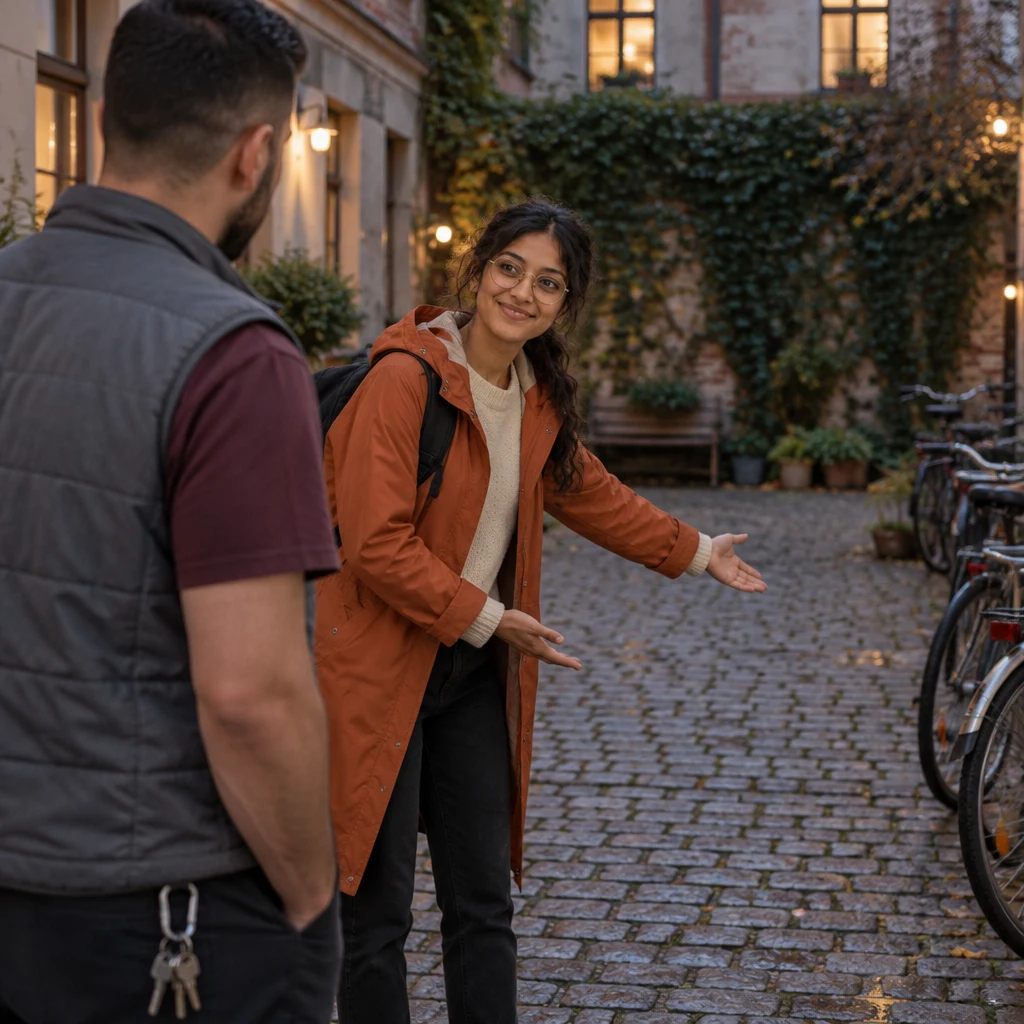 Priya gestures toward the cobbles on the side away from the ivy as she proposes a place for the bike rack.