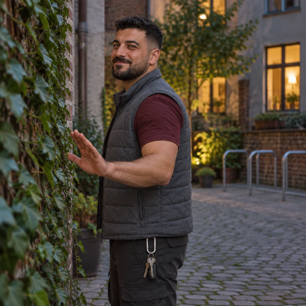 Deniz makes a cautious gesture beside the ivy, emphasizing that it should remain untouched.