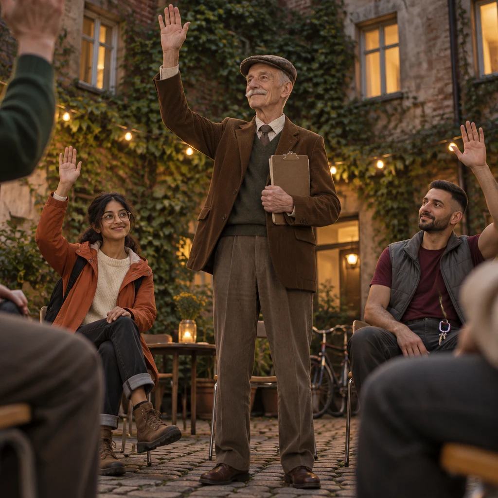 Herr Schulze raises an arm to begin the vote as Priya and Deniz lift their hands.