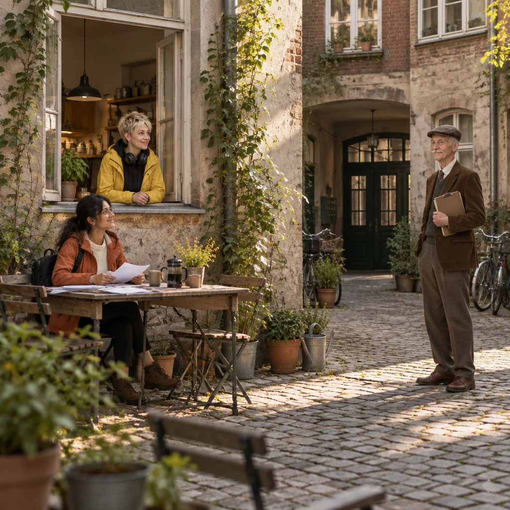 Priya works at her paper-strewn kitchen table while Jule leans on the window sill and Herr Schulze waits across the courtyard with his clipboard.