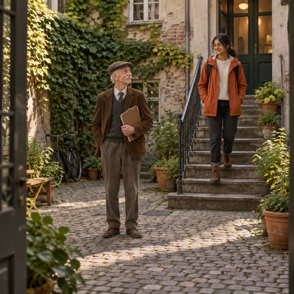 Herr Schulze waits with his clipboard as Priya comes down the stairwell into the courtyard.