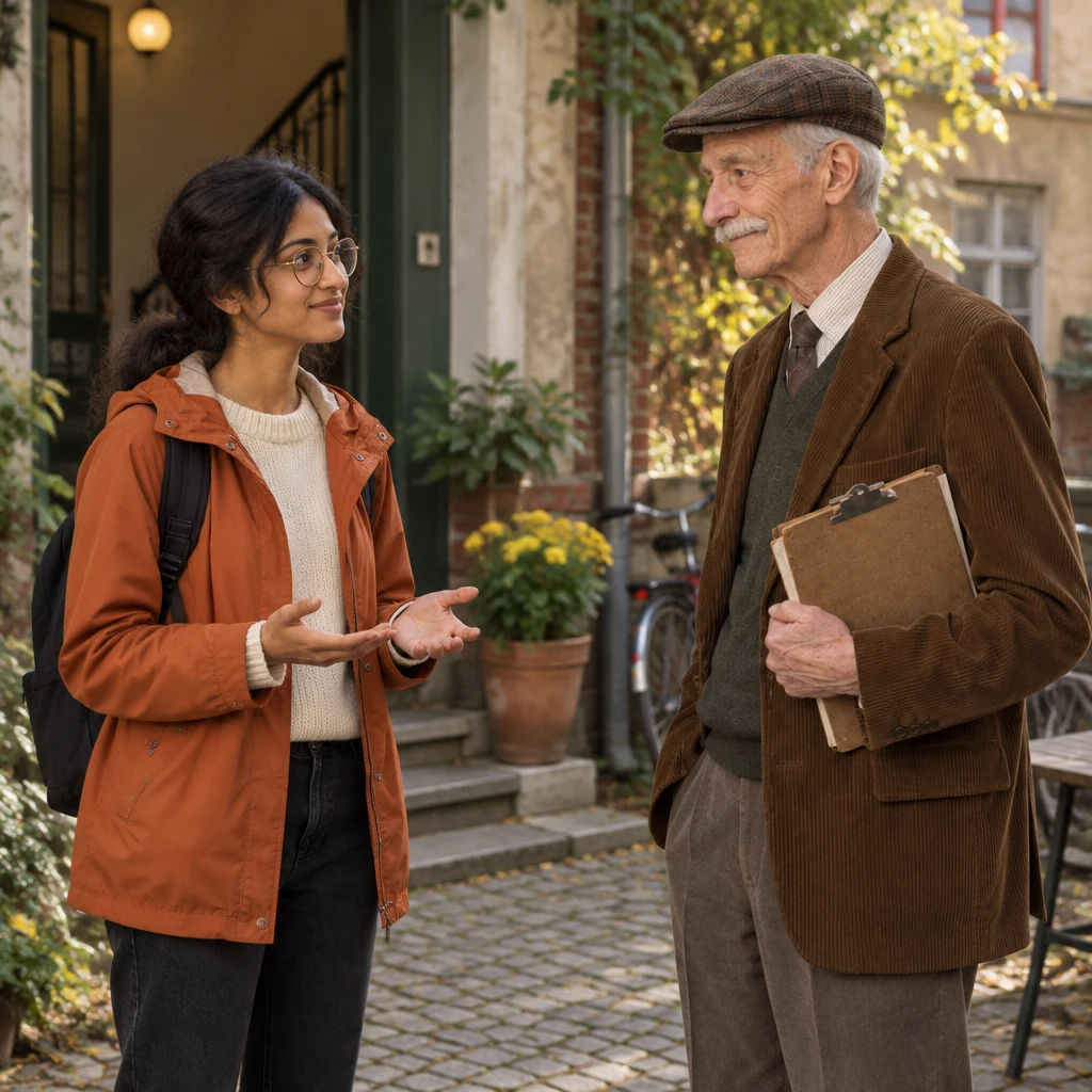 Priya gestures toward Herr Schulze as she brings up renewing the lease.