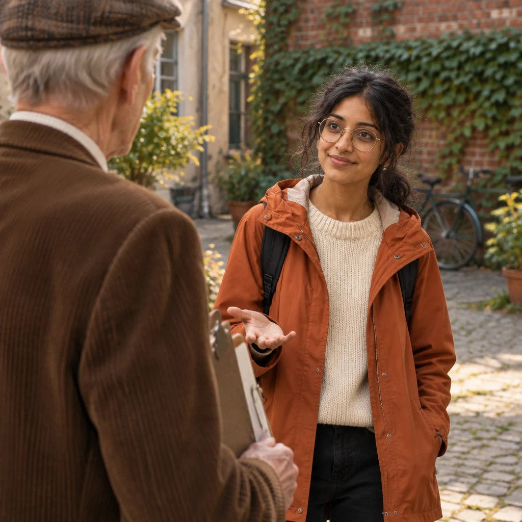 Priya raises a questioning palm toward Herr Schulze and his clipboard.