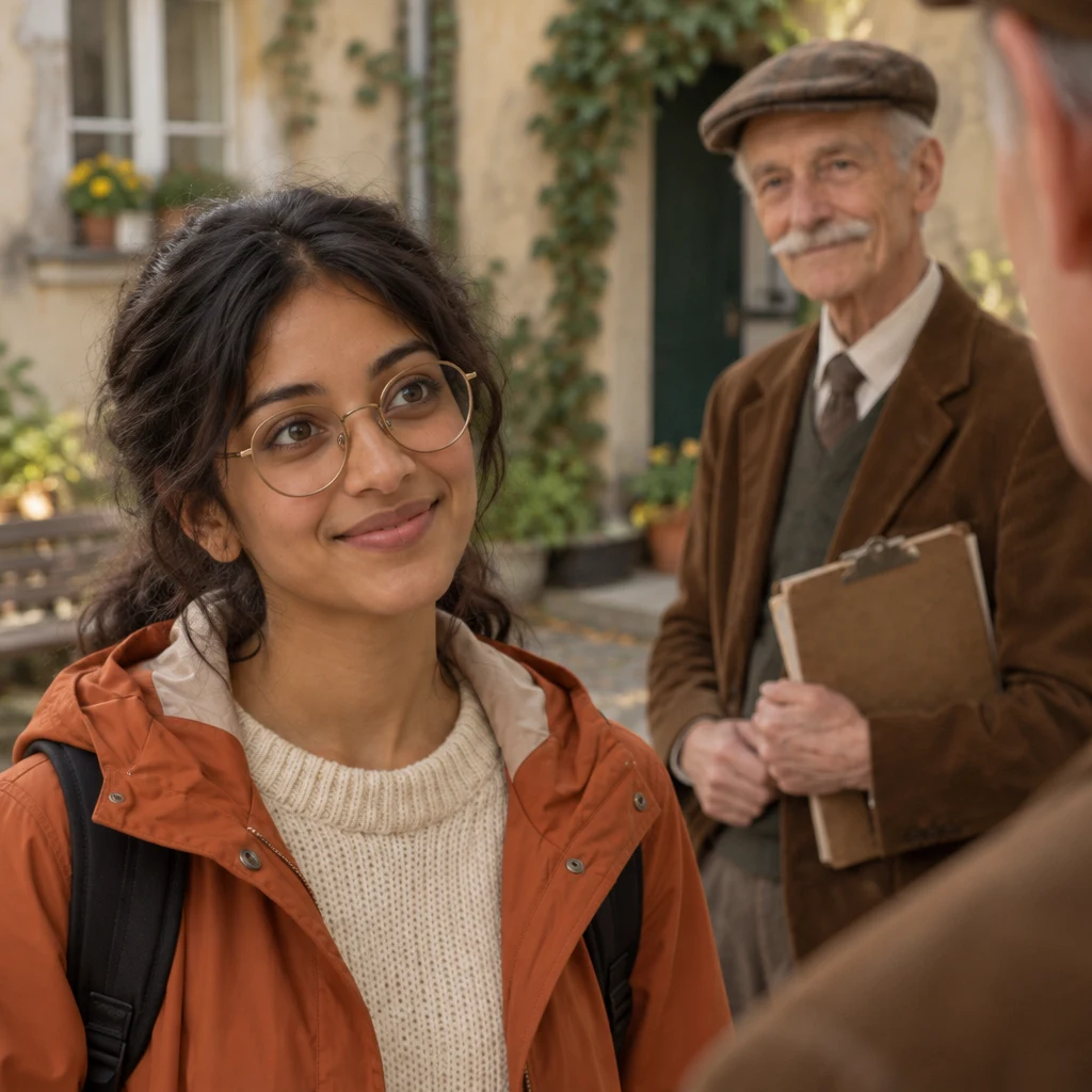 Priya waits attentively for Herr Schulze to answer her question about next year’s rent.