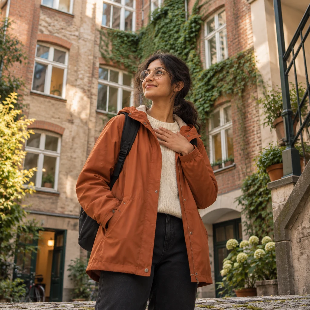 Priya stands confidently in the courtyard, resolved to stay in her flat.