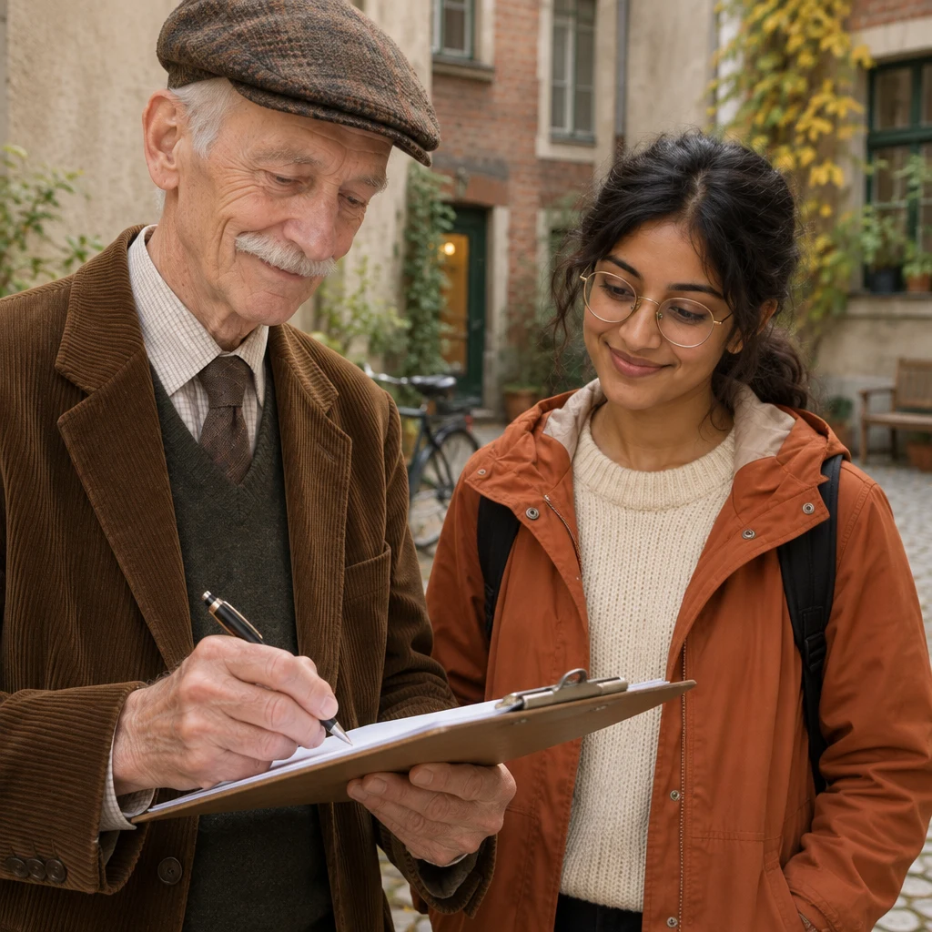 Herr Schulze holds his pen above the clipboard as Priya watches him prepare to record their agreement.