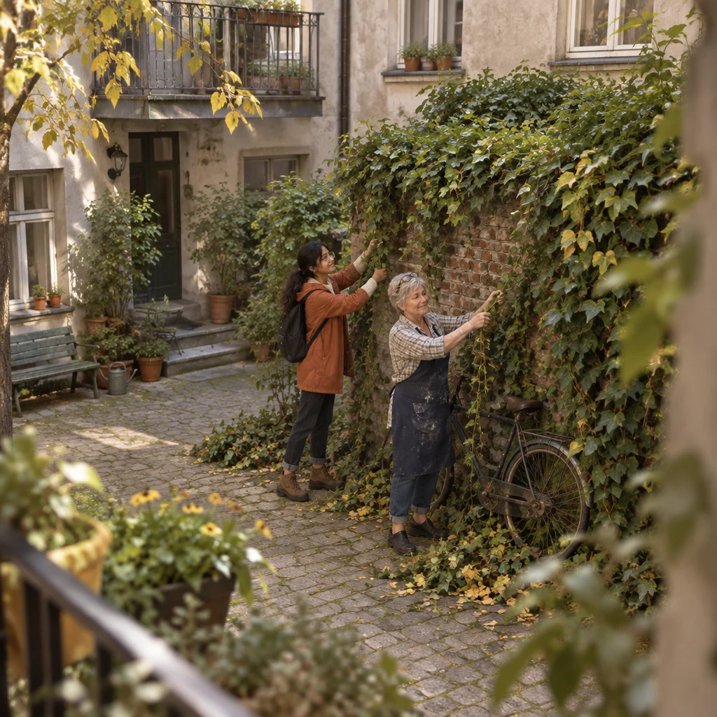 Priya and Renate pull ivy from the courtyard wall, revealing part of an old chained bicycle.