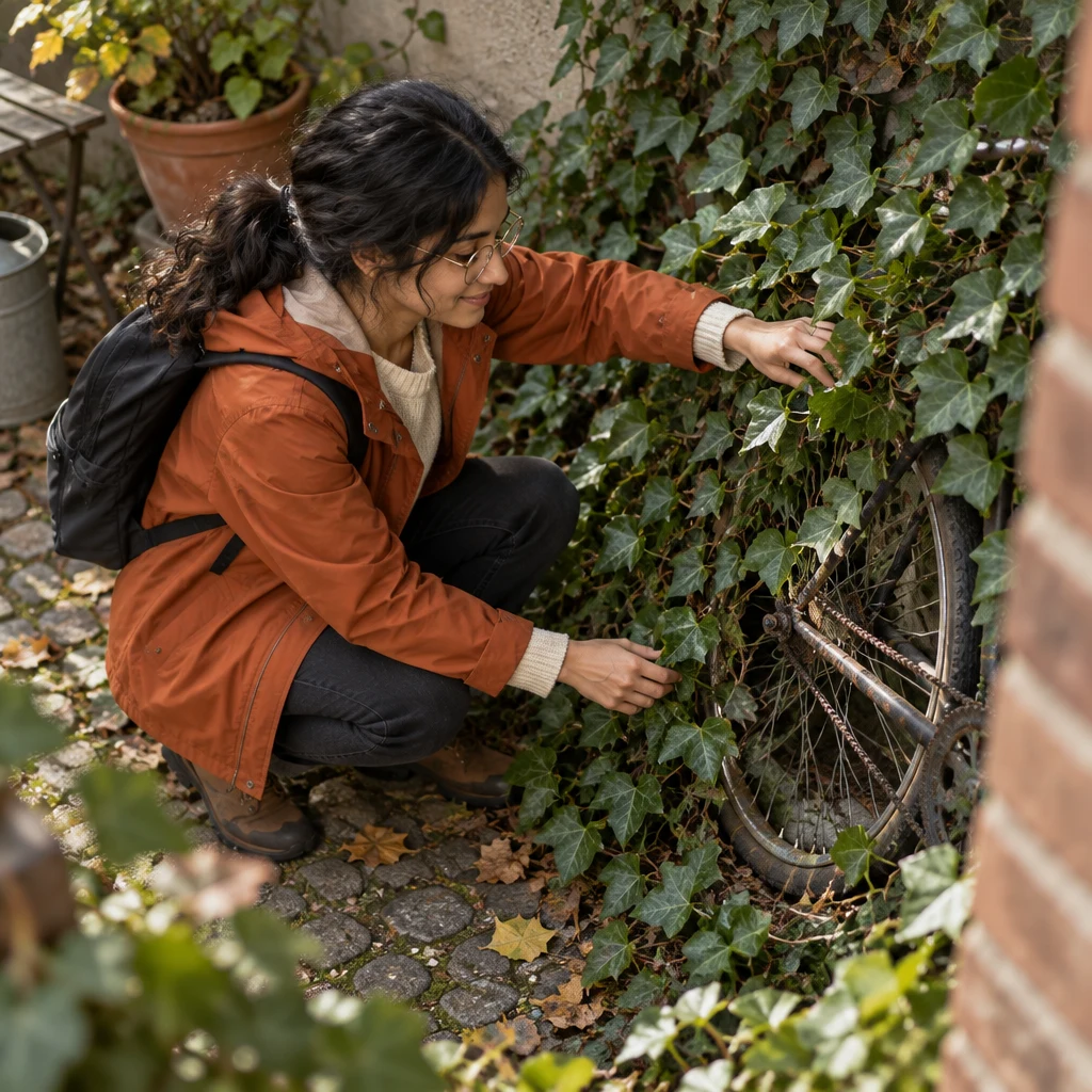 Priya crouches and pulls ivy aside to reveal the bicycle's wheel and chain.
