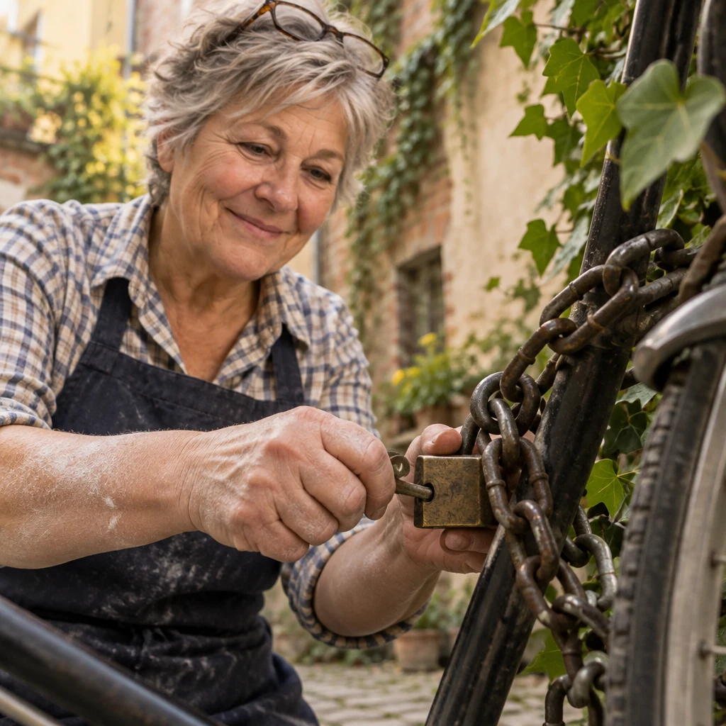 Renate puts the old key into the bicycle lock.