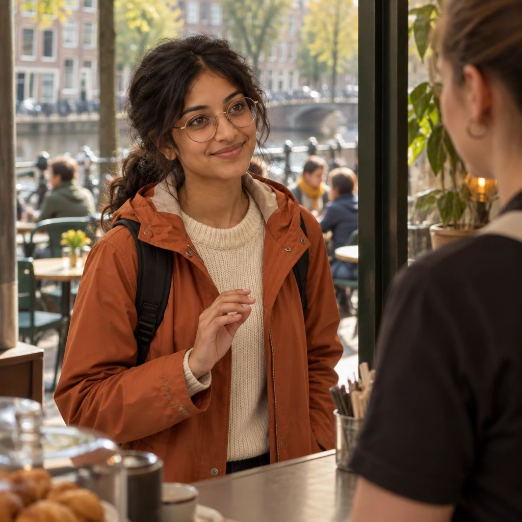 Priya leans toward the server at the café door and gathers her words.