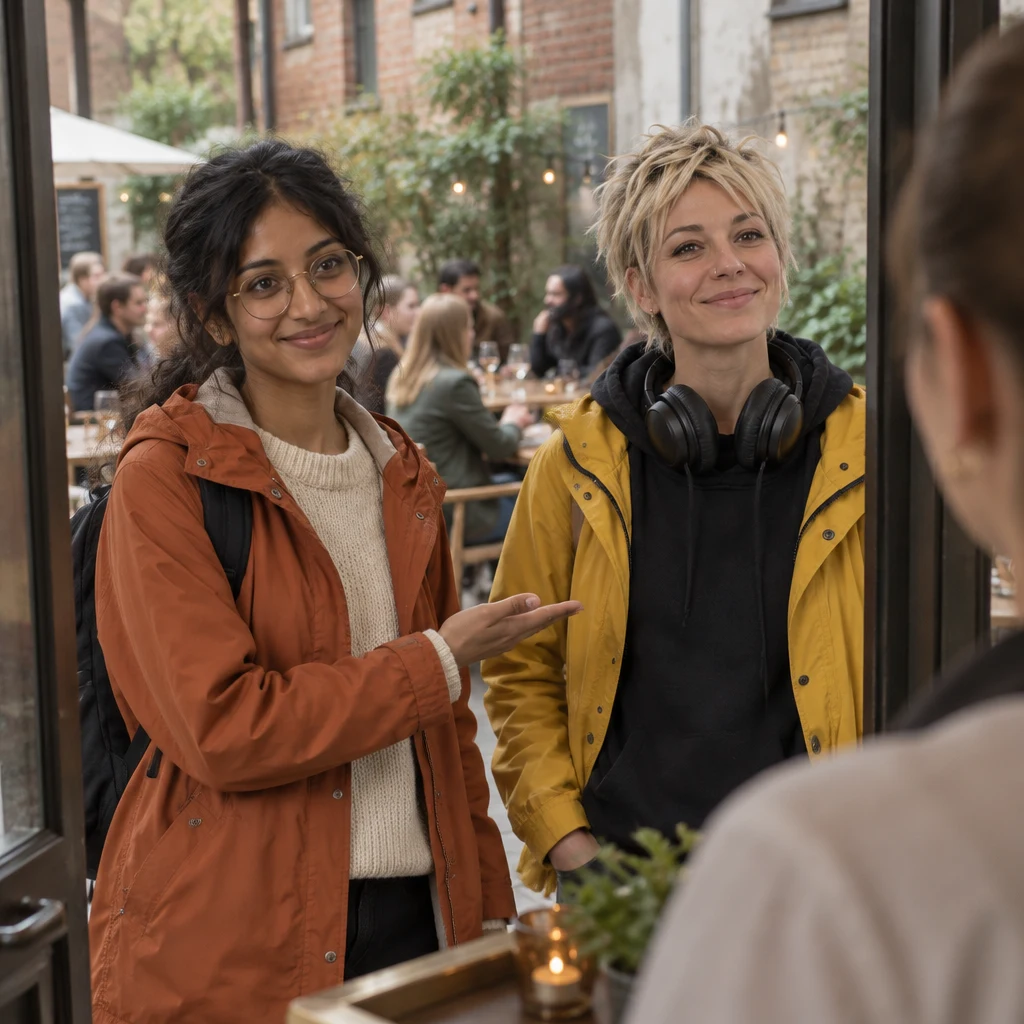 Priya gestures toward Jule as she indicates who will be at the table.