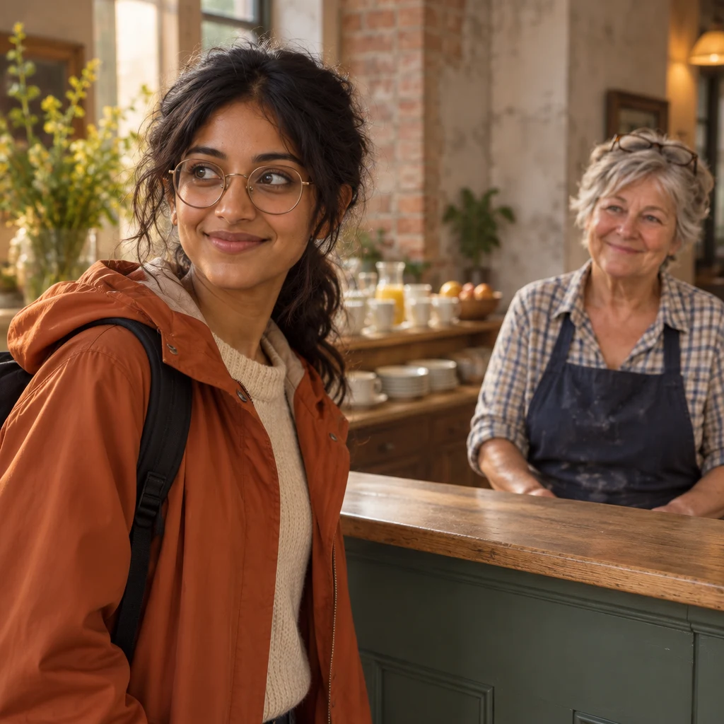 Priya turns toward the breakfast sideboard with a curious expression as she asks whether breakfast is included.