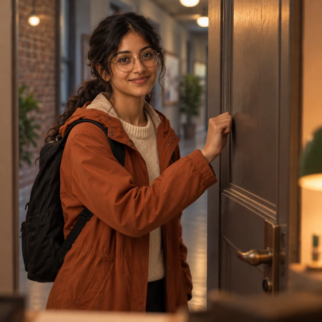 Priya raises a hand to knock on the closed classroom door.
