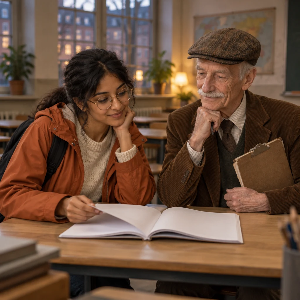 Priya and Herr Schulze look together at an open workbook as she asks which exercise to do.